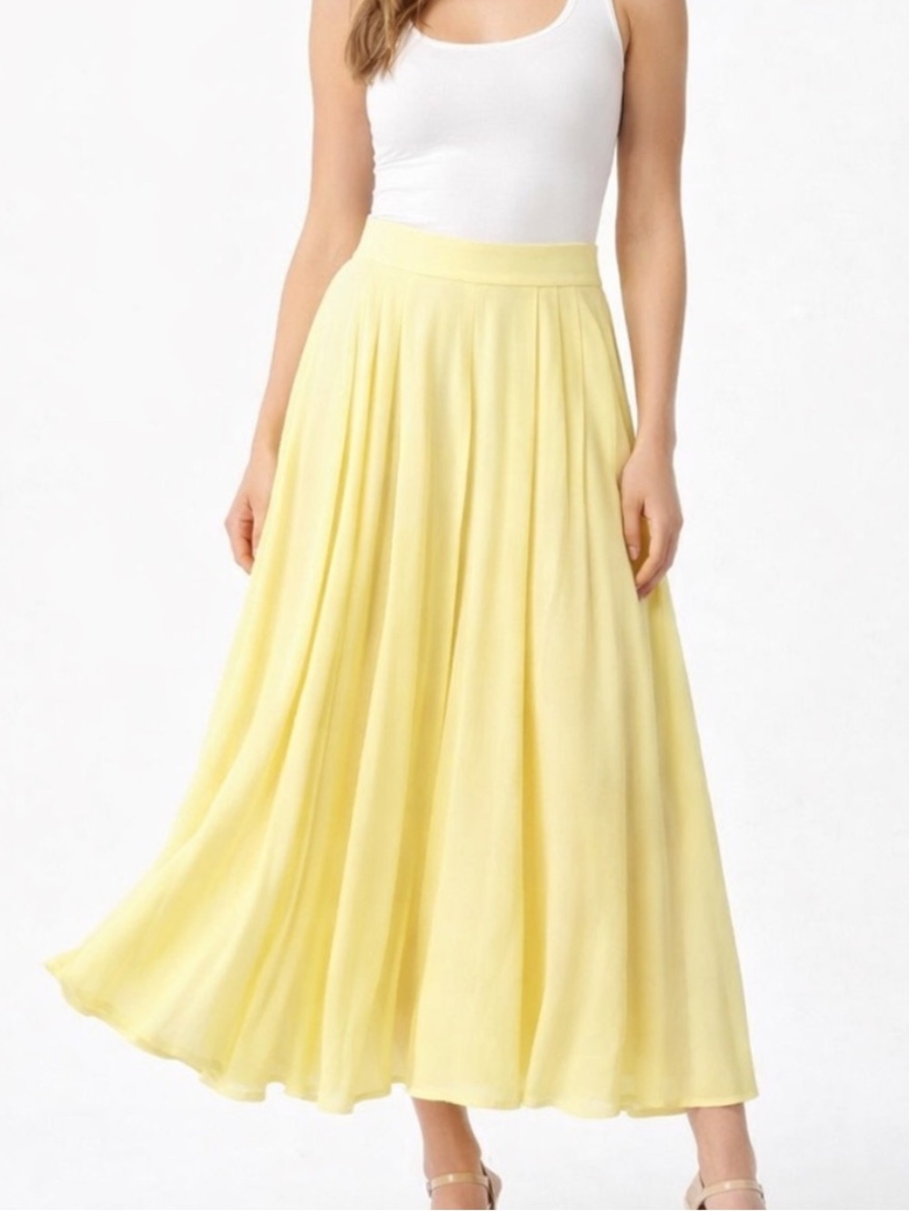 Mable Yellow Pleated Midi Skirt Flowy Drape A-Line Lined Spring Boho